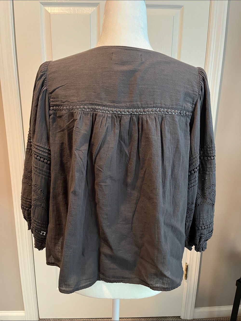 Lucky Brand Charcoal Eyelet Button-Front Drawstring Blouse - Picture 5 of 8